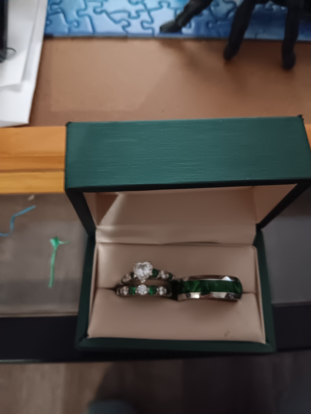 Green and Silver Bridal Ring Set with Emerald Accents